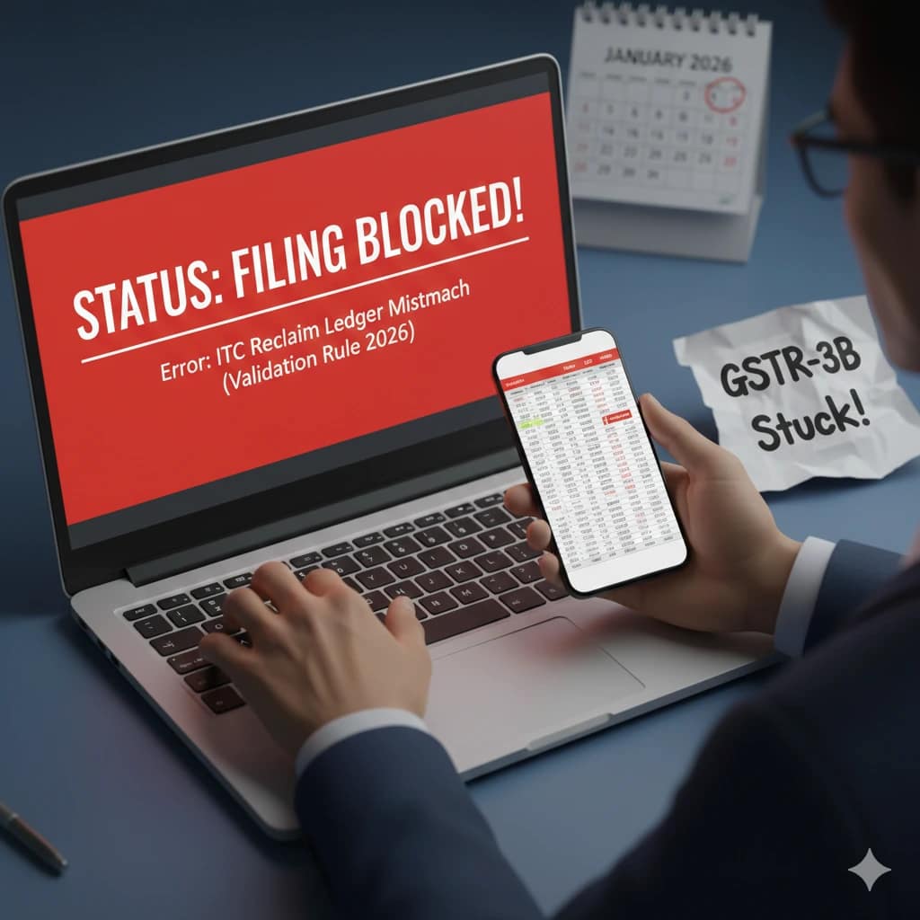 GSTR-3B filing button disabled on GST portal due to ITC re-claim ledger validation error.