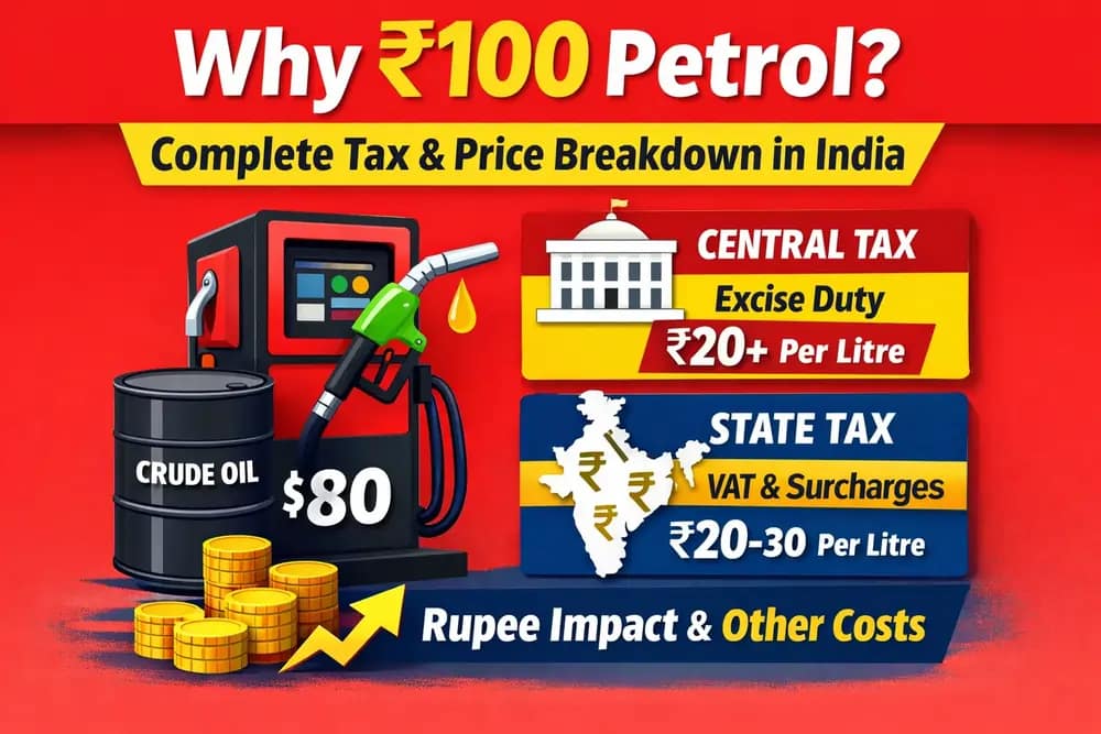 Summary infographic showing petrol price breakup in India with crude oil cost, USD-INR impact, refining & logistics, taxes, dealer margins, and final petrol price exceeding ₹100 per litre.