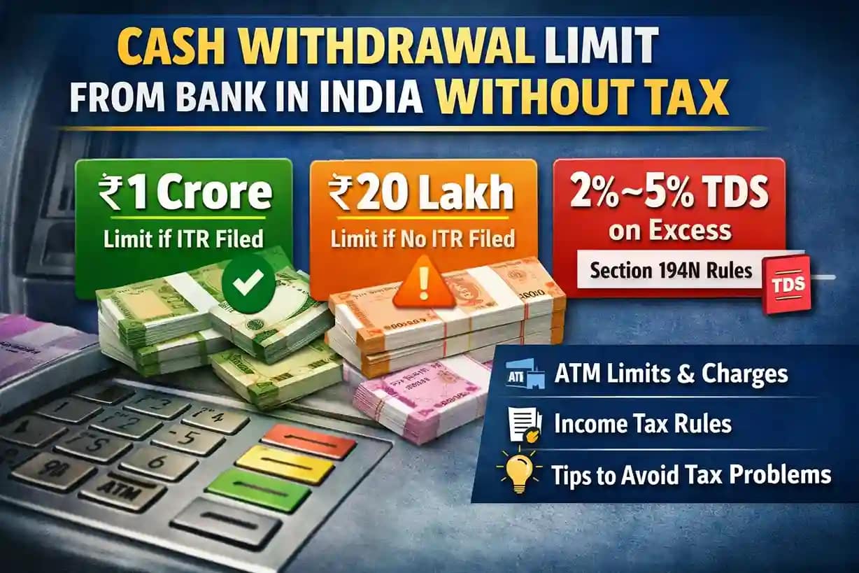 Summary of cash withdrawal limit from bank in India showing ₹1 crore limit for ITR filers, ₹20 lakh limit for non-filers and TDS rules under Section 194N