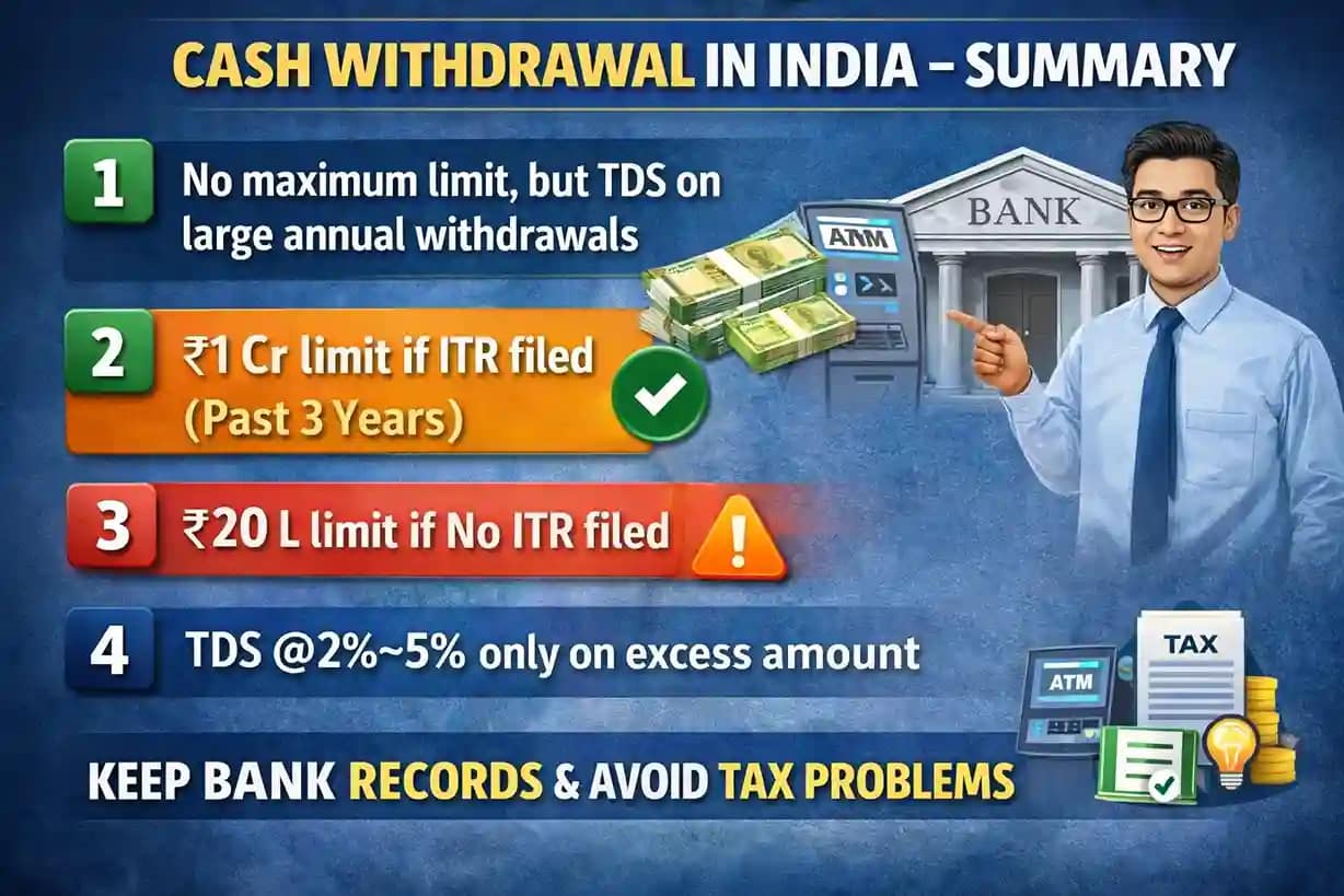 Cash withdrawal limit from bank in India without tax explained with ATM rules, charges and income tax summary