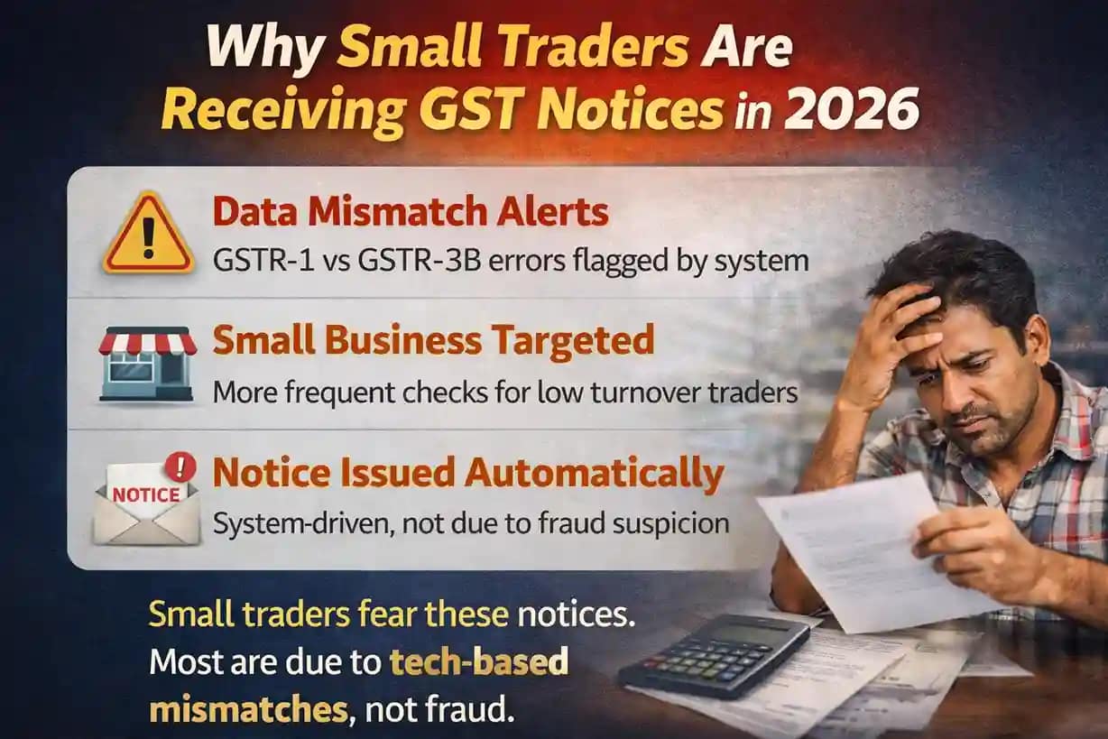 Summary explaining why small traders are receiving GST notices in 2026 due to system data mismatch