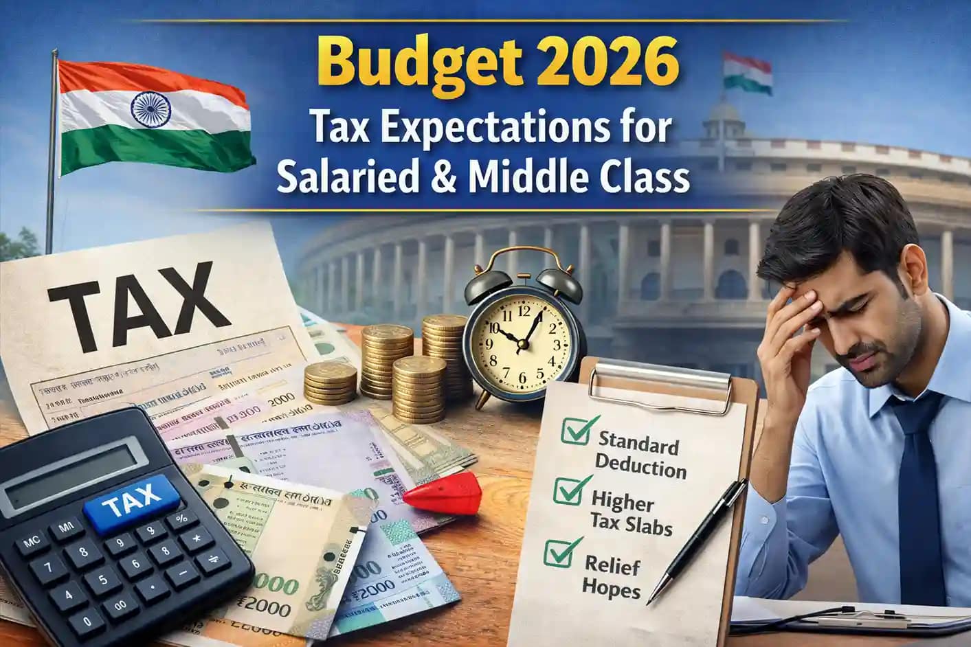 Budget 2026 tax expectations showing income tax relief, standard deduction and slab changes for salaried and middle class