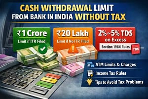 Summary of cash withdrawal limit from bank in India showing ₹1 crore limit for ITR filers, ₹20 lakh limit for non-filers and TDS rules under Section 194N