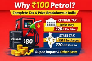 Summary infographic showing petrol price breakup in India with crude oil cost, USD-INR impact, refining & logistics, taxes, dealer margins, and final petrol price exceeding ₹100 per litre.