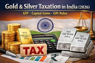 Gold & Silver Taxation in India showing GST and capital gains tax rules for 2026