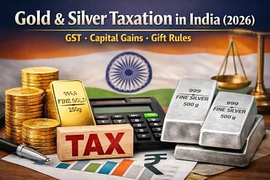 Gold & Silver Taxation in India showing GST and capital gains tax rules for 2026